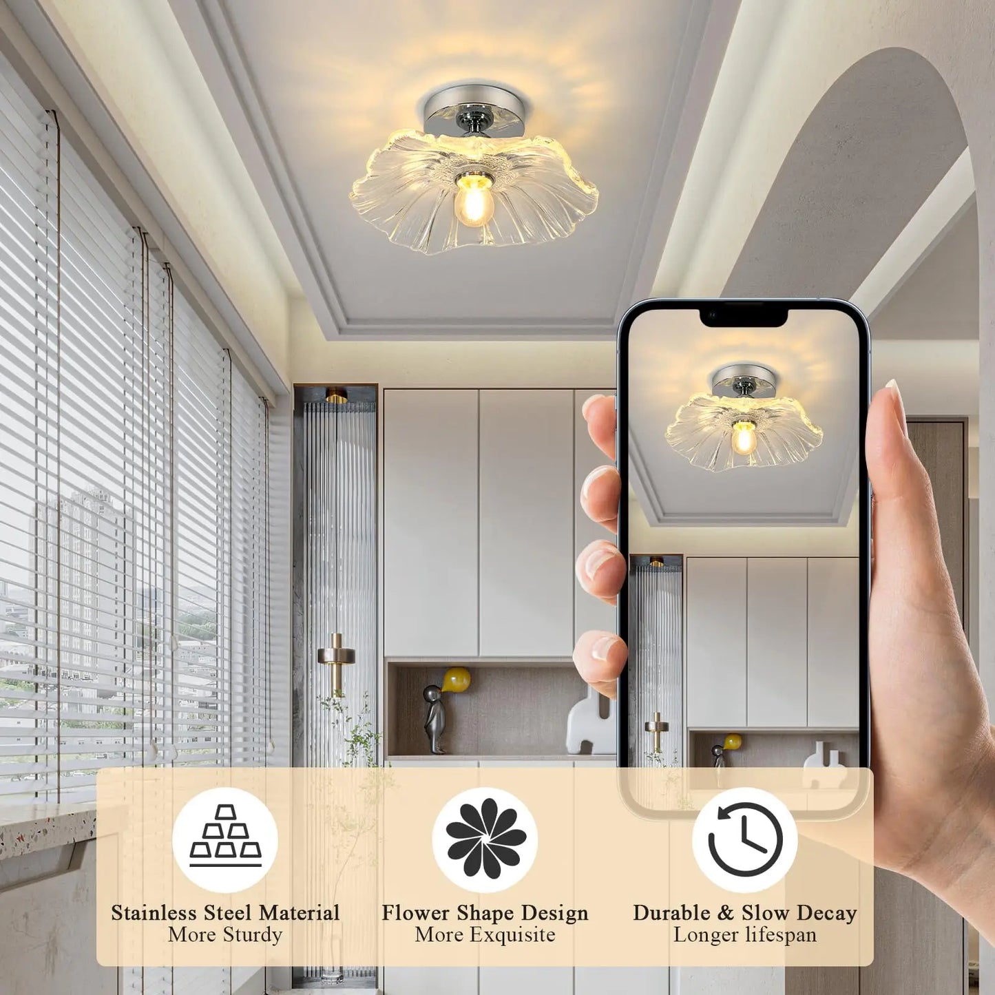 Romantic Flower Ceiling Light – Semi` Flush Mount with Glass Shade, Perfect for Entryway or Walkway Glow