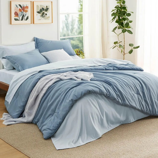 Bedsure Queen Bedding Set – 7-Piece Grayish Blue Boho Comforter Set for Year-Round Cozy Sleep