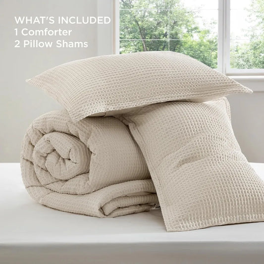 Beige King Comforter Set – 3-Piece Waffle Weave Cotton Bedding, Soft & Breathable, Includes Comforter (104"x90") + 2 Pillow Shams