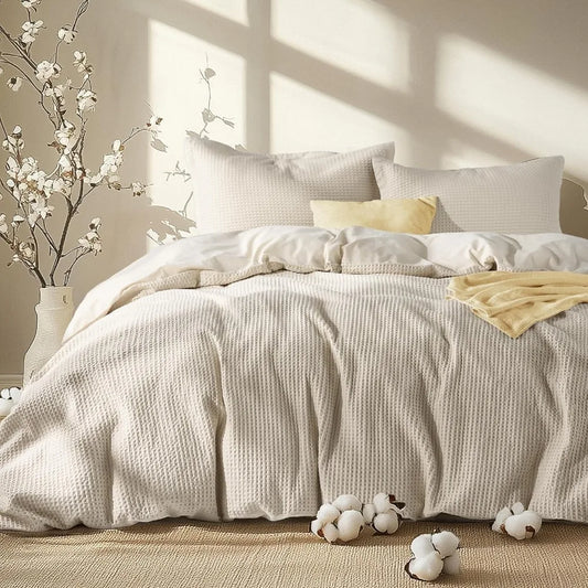 Beige King Comforter Set – 3-Piece Waffle Weave Cotton Bedding, Soft & Breathable, Includes Comforter (104"x90") + 2 Pillow Shams