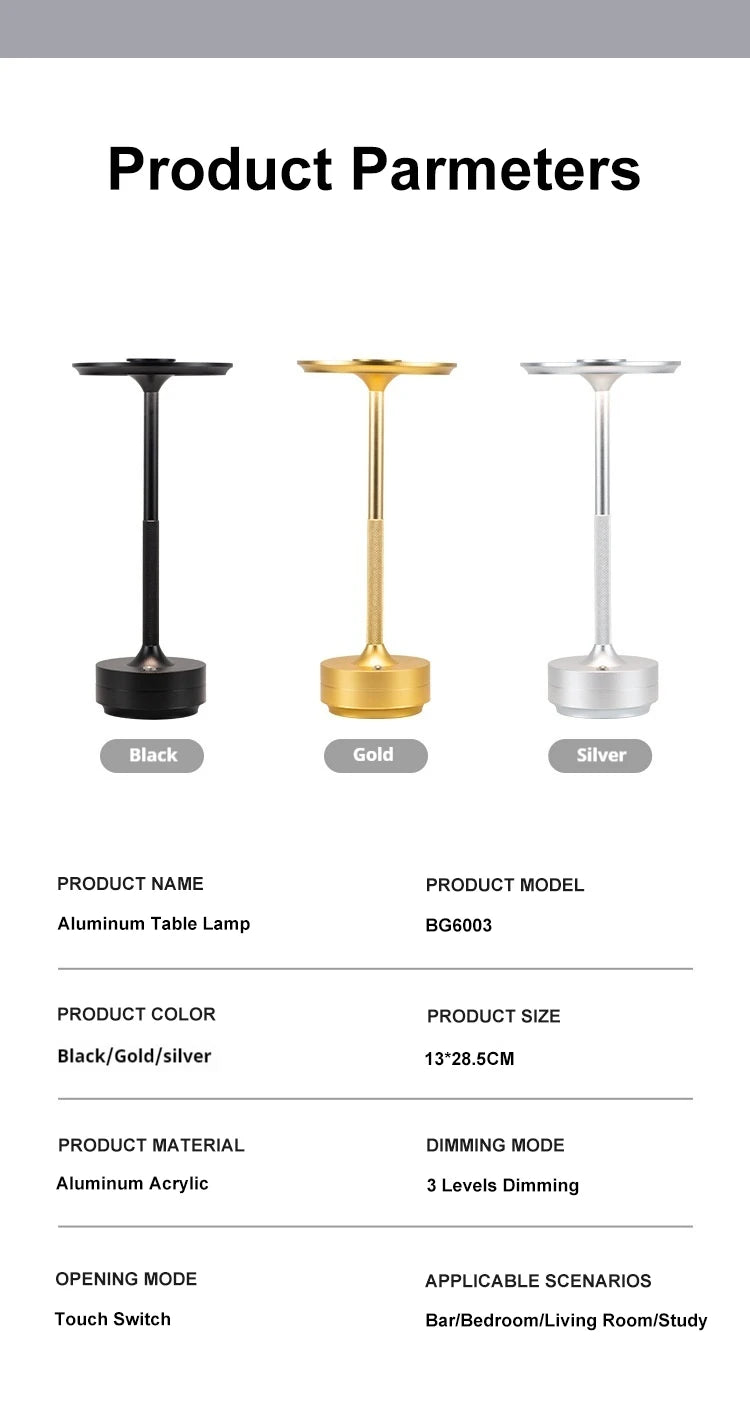 Wireless LED Table Lamp – Touch Control, Dimmable, Rechargeable & Portable, for Home, Bar, or Restaurant